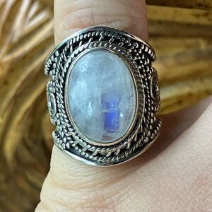Natural Rainbow Moonstone Sterling Silver Cocktail Ring Size 5